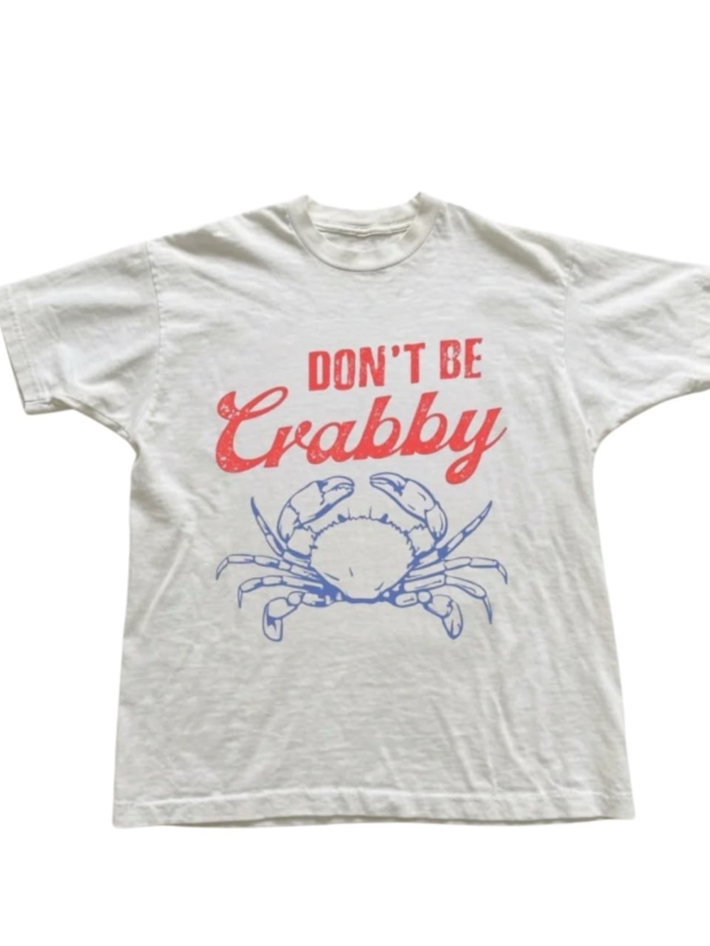 White Tee with Red "Don't Be Crabby" Text and Blue Crab Graphic